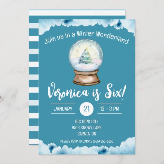 Invitation Winter Wonderland, Snow Globe fête d'anniversaire  (Devant / Derrière)