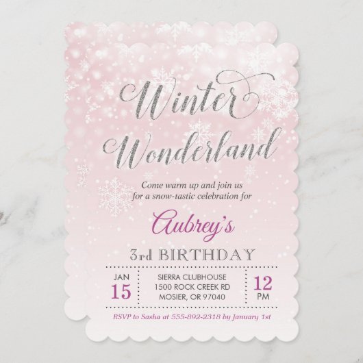 Invitation Winter Wonderland Snowflake Girl Birthday Party (Devant / Derrière)