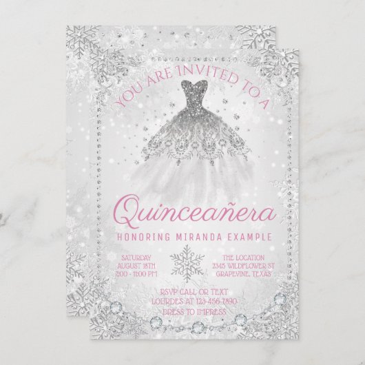 Invitation Winter Wonderland Snowflake Quinceanera (Devant / Derrière)