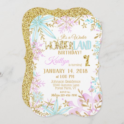 Invitation Winter Wonderland Snowflake Sparkday Anniversaire (Devant / Derrière)