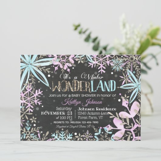 Invitation Winter Wonderland Snowflakes Sparkle Baby shower (Debout devant)