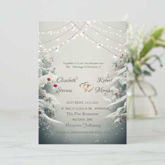 Invitation Winter Wonderland, String Lights Balls Mariage (Debout devant)