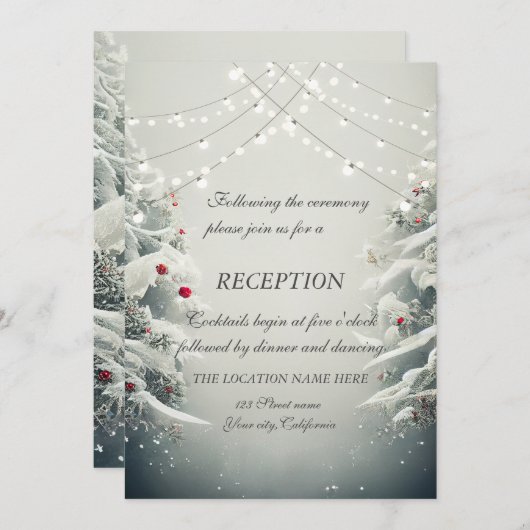Invitation Winter Wonderland, String Lights Mariage Réception (Devant / Derrière)