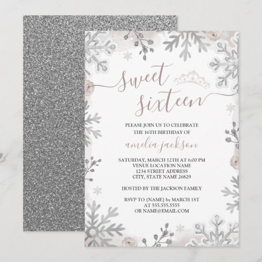 Invitation Winter Wonderland Sweet sixteen Blush Silver (Devant / Derrière)