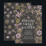 Invitation Winter Wonderland Sweet sixteen fête d'anniversair<br><div class="desc">Invitation sweet sixteen d'hiver moderne avec des flocons de neige dorés et roses sur un arrière - plan de tableau noir tendance.</div>