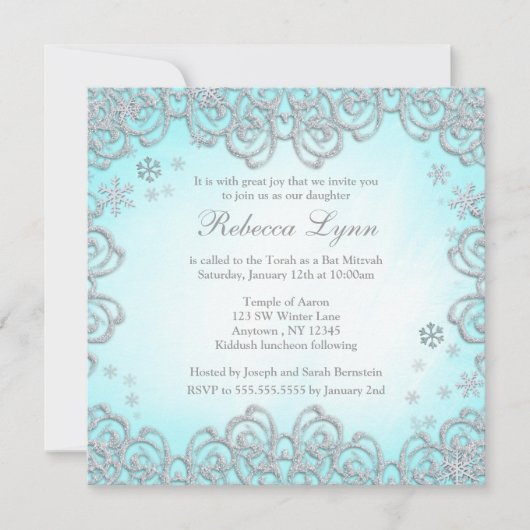 Invitation Winter Wonderland Swirl Snowflakes Bat mitzvah (Devant)