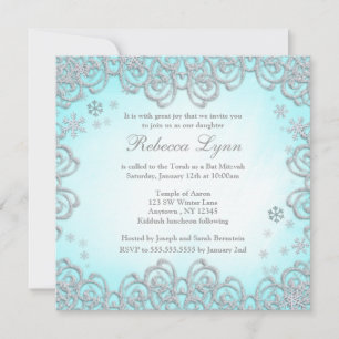 Invitation Winter Wonderland Swirl Snowflakes Bat mitzvah