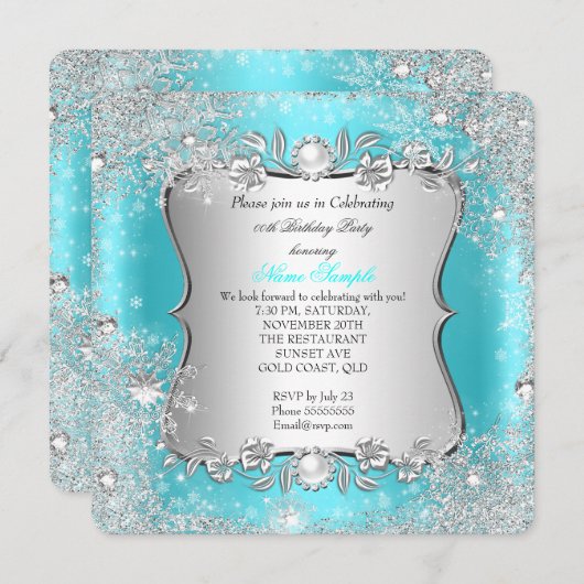 Invitation Winter Wonderland Turquoise Silver Snowflake Anniv (Devant / Derrière)