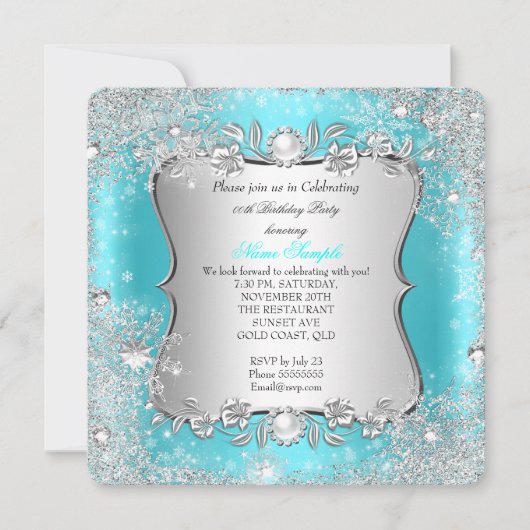 Invitation Winter Wonderland Turquoise Silver Snowflake Anniv (Devant)