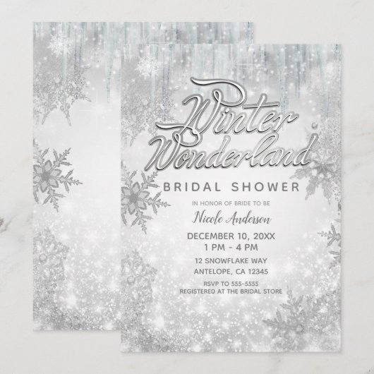 Invitation Winter Wonderland White Snowflakes Élégante fête (Devant / Derrière)