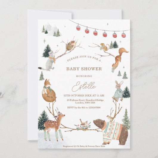 Invitation Winter Woodland Animals Forest Baby Shower (Devant)