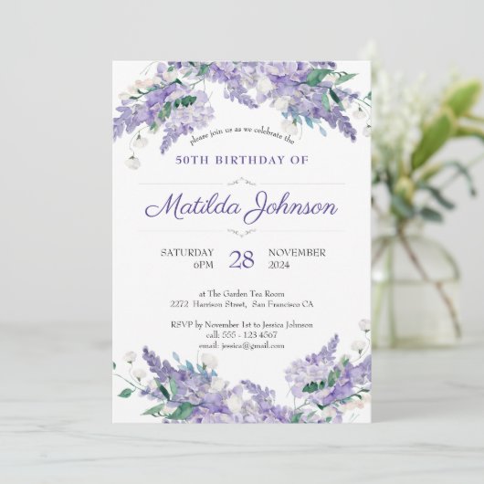 Invitation Wisteria 50e anniversaire Fleur Classy Purple Pers (Debout devant)