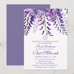 Invitation Wisteria Floral Élégant Violet Bat Mitzvah