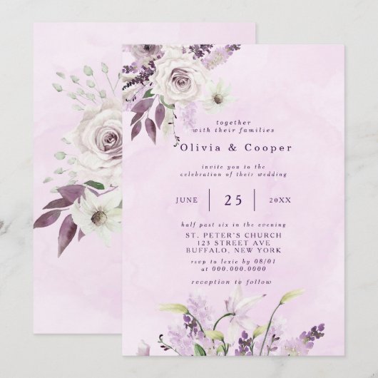 Invitation Wisteria Lavender White Roses Mariage chic (Devant / Derrière)