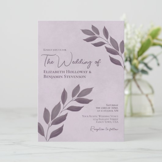 Invitation Wistful Leaves Elegant Modern Dusty Purple Wedding (Debout devant)