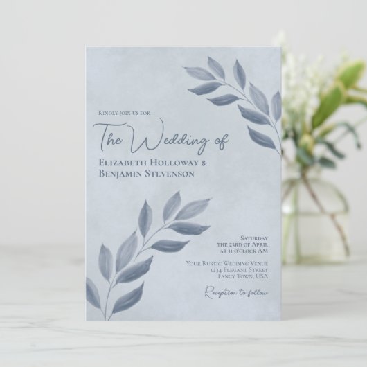 Invitation Wistful Leaves Modern Elegant Dusty Blue Wedding (Debout devant)