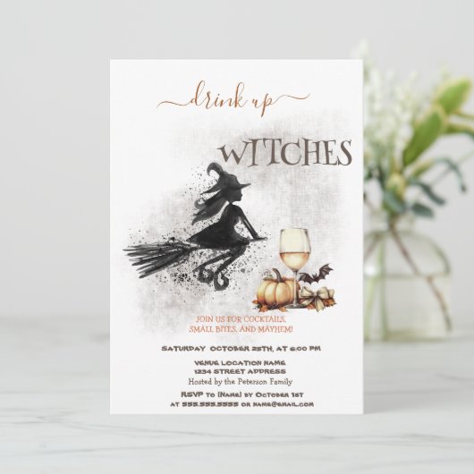 Invitation Witch Wine Citrouille Bow Halloween (Debout devant)