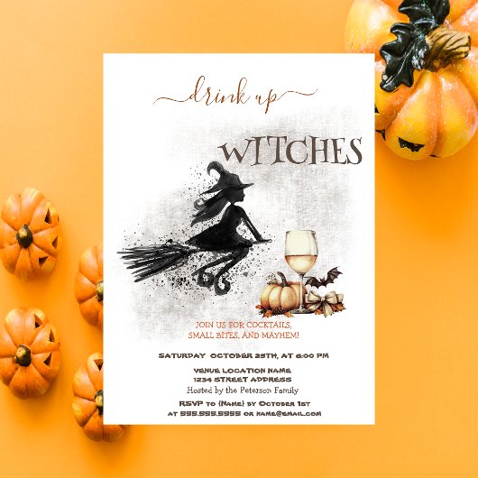 Invitation Witch Wine Citrouille Bow Halloween