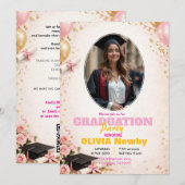 Invitation 🎓With QR code Pink &  Balloon Glow Graduation (Devant / Derrière)