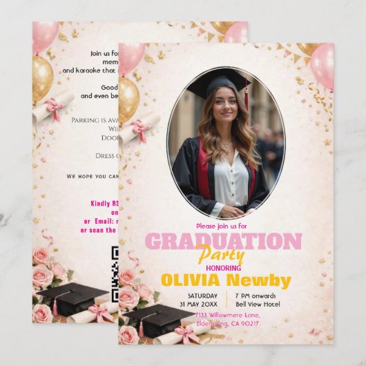 Invitation 🎓With QR code Pink &  Balloon Glow Graduation (Devant / Derrière)