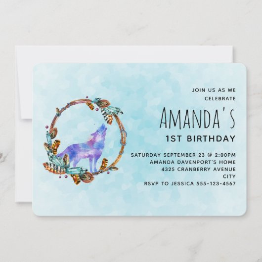 Invitation Wolf aquarelle avec un style boho Wreath Anniversa (Devant)