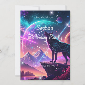 Invitation Wolf Galaxy Étoiles Cosmique Anniversaire Fête Inv