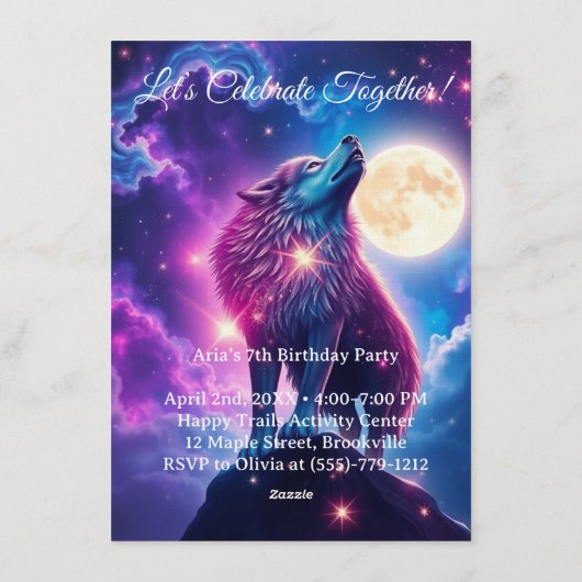 Invitation Wolf Galaxy Stars Cosmic Birthday Party (Dos)