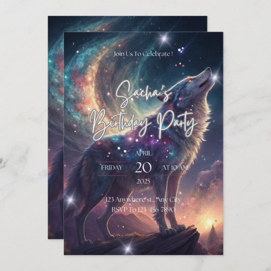 Invitation Wolf Galaxy Stars Cosmique fête d'anniversaire (Devant / Derrière)