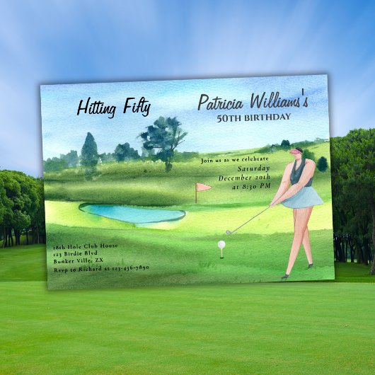 Invitation Woman Golf Player Hitting Fifty 50th Birthday
