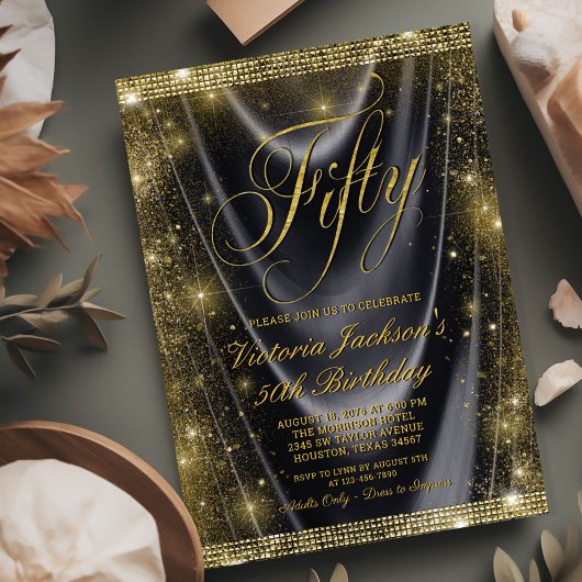 Invitation Womans Glam Black Gold 50e anniversaire