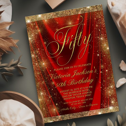 Invitation Womans Glam Red Gold 50e anniversaire