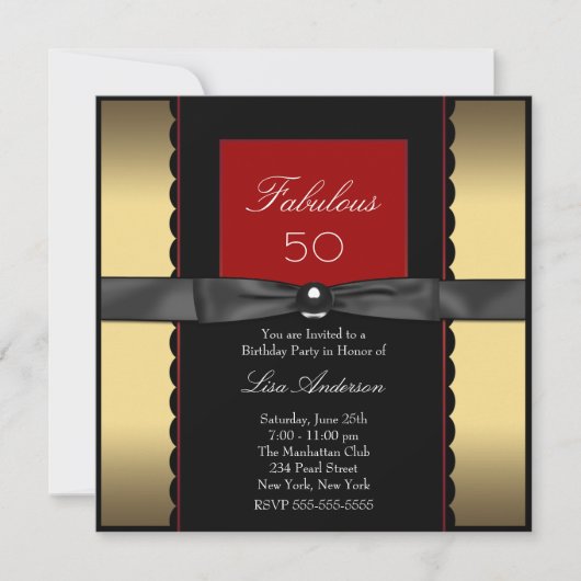 Invitation Womans Gold Black Red 50e fête d'anniversaire (Devant)
