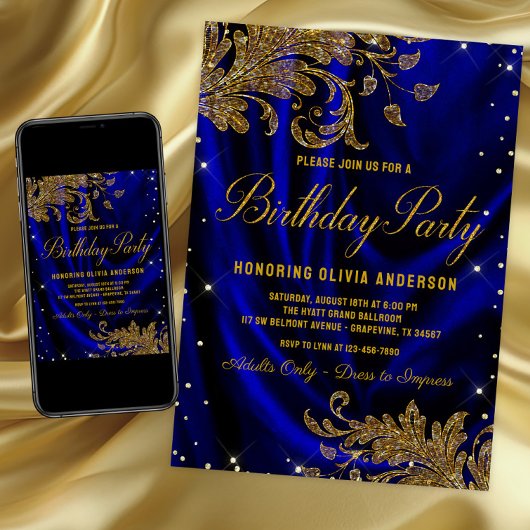 Invitation Womans Royal Blue Gold Anniversaire Fête Invitatio