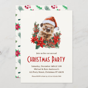 Invitation Wombat à la fête de Noël de Santa Hat Poinsettias