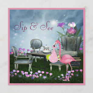 Invitation Wonderland Flamant rose Sip & See Girl Baby shower