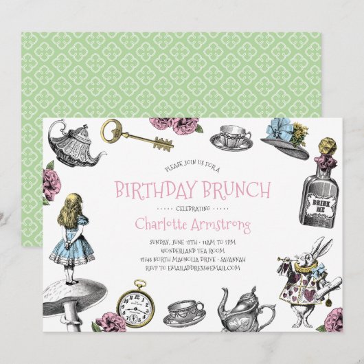 Invitation Wonderland Pink and Green Birthday Brunch (Devant / Derrière)