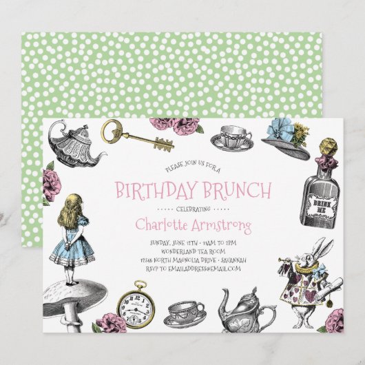Invitation Wonderland Pink and Green Birthday Brunch (Devant / Derrière)