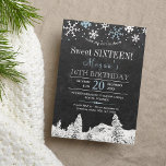 Invitation Wonderland snowflakes chic sweet sixteen d'hiver<br><div class="desc">Snowflakes élégant sweet sixteen d'hiver / 16e anniversaire invitation modèle sur tableau noir gris avec des bordures de flocons blancs et bleus et des pins merveilleux d'hiver. Remplissez vos informations dans les zones, Vous pouvez choisir de le customiser en changeant encore les polices et les couleurs du lettrage. — L'invitation...</div>
