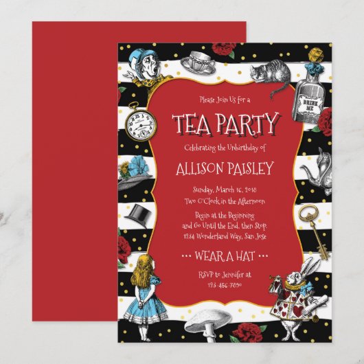 Invitation Wonderland Tea Party Whimsical Rouge (Devant / Derrière)