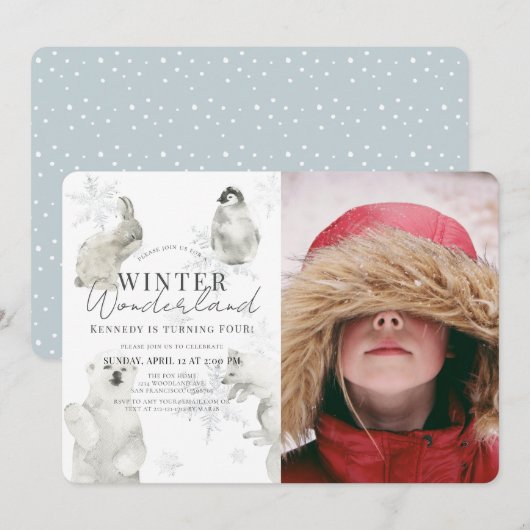 Invitation Wonderland Winter Arctic Animaux Boy Anniversaire (Devant / Derrière)
