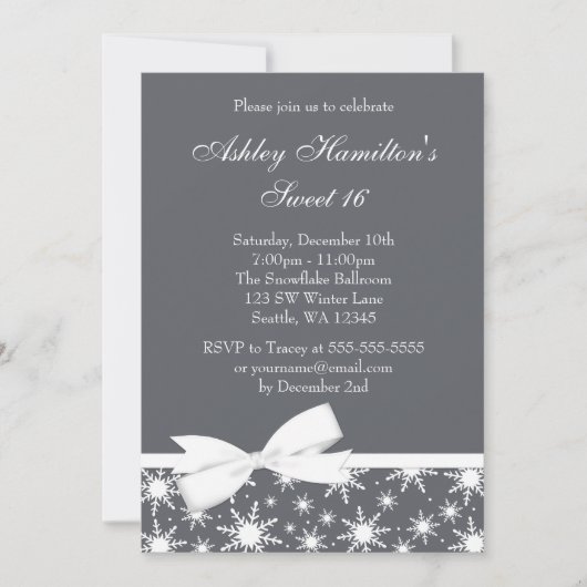 Invitation Wonderland Winter Gray Snowflake Bow Sweet 16 (Devant)