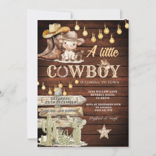 Invitation Wood Cowboy Boots & Cactus Baby Shower (Devant)