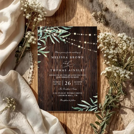 Invitation Wood Rustic String Light Country QR Code Wedding