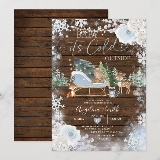 Invitation Wood Winter Pastel Blue Snowflake Baby shower (Devant / Derrière)