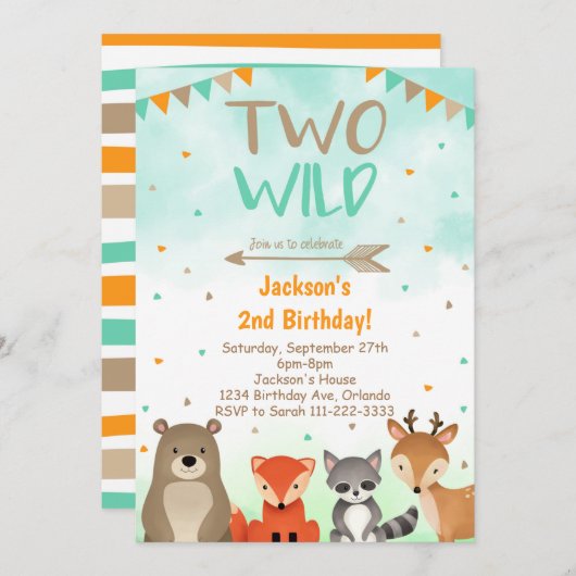Invitation Woodland 2nd Birthday Invitation, Two Wild Invite (Devant / Derrière)