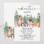 Invitation Woodland Animals Adventure Await Baby shower (Devant / Derrière)