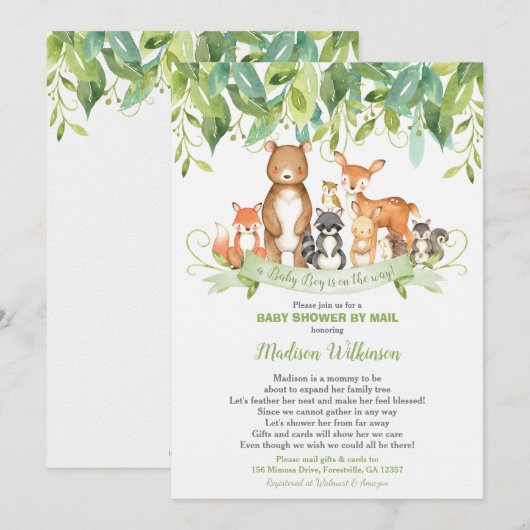Invitation Woodland Animals Baby shower virtuel Mail Greenery (Devant / Derrière)