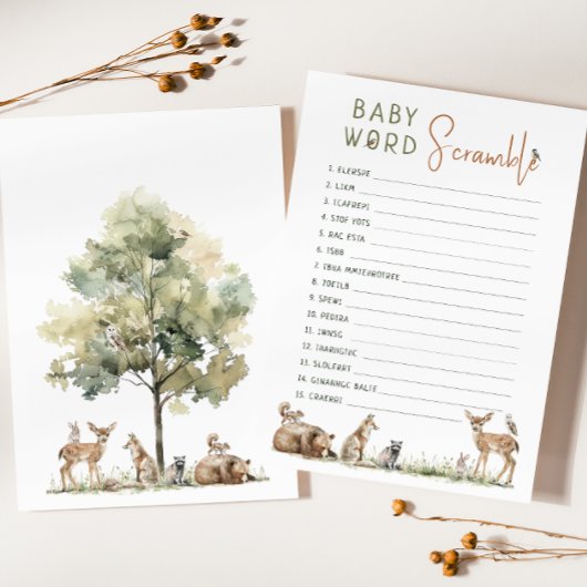 Invitation Woodland Animals Baby Word Scramble Game Card