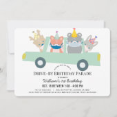 Invitation Woodland Animals Green Voiture à l'anniversaire (Devant)