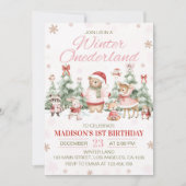 Invitation Woodland Animals Pink Winter Onederland Birthday (Devant)